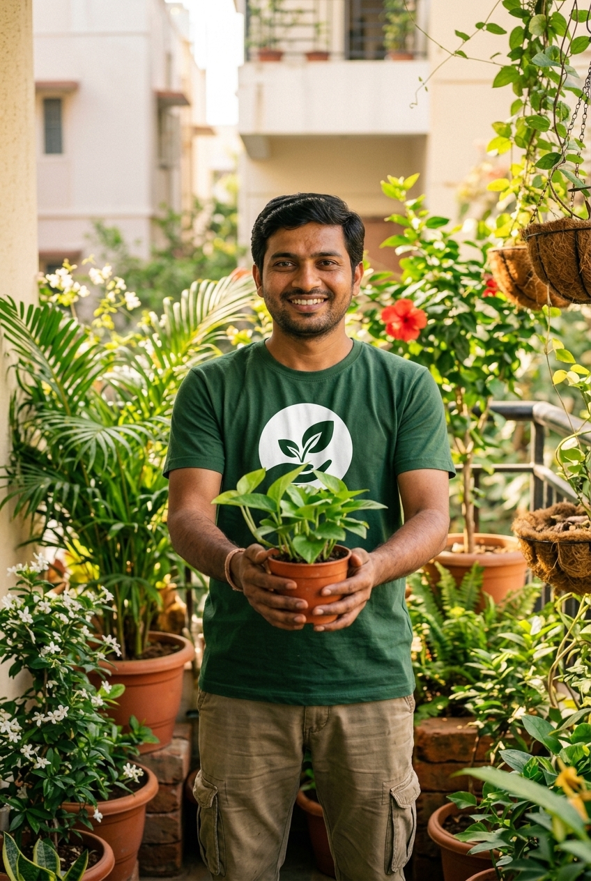 A Udyan Mali gardener in a green logo t-shirt offering a healthy plant on a Bangalore balcony garden