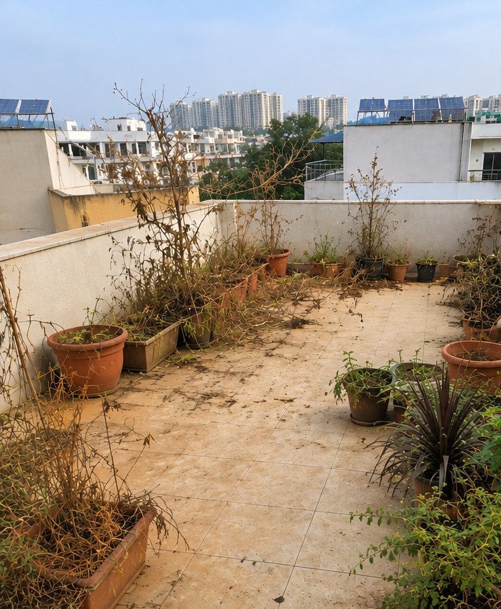 Terrace garden, bare to blooming — before Udyan Mali care